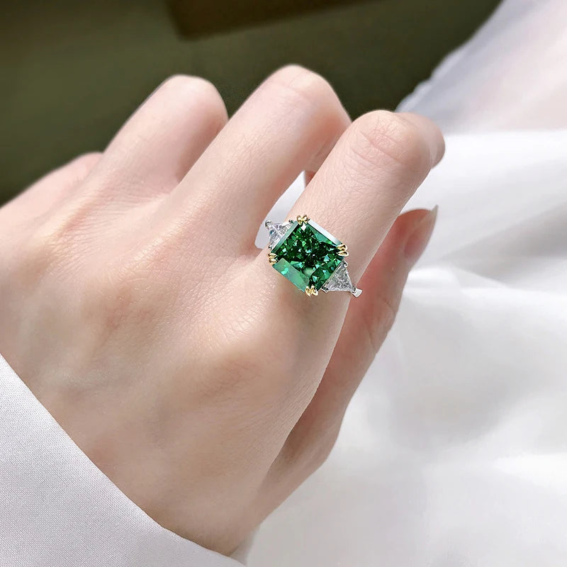 Luomansi 10*10MM Square Emerald Diamond Ring 100%-S925 Silver Jewelry Wedding Cocktail Party Woman Gift
