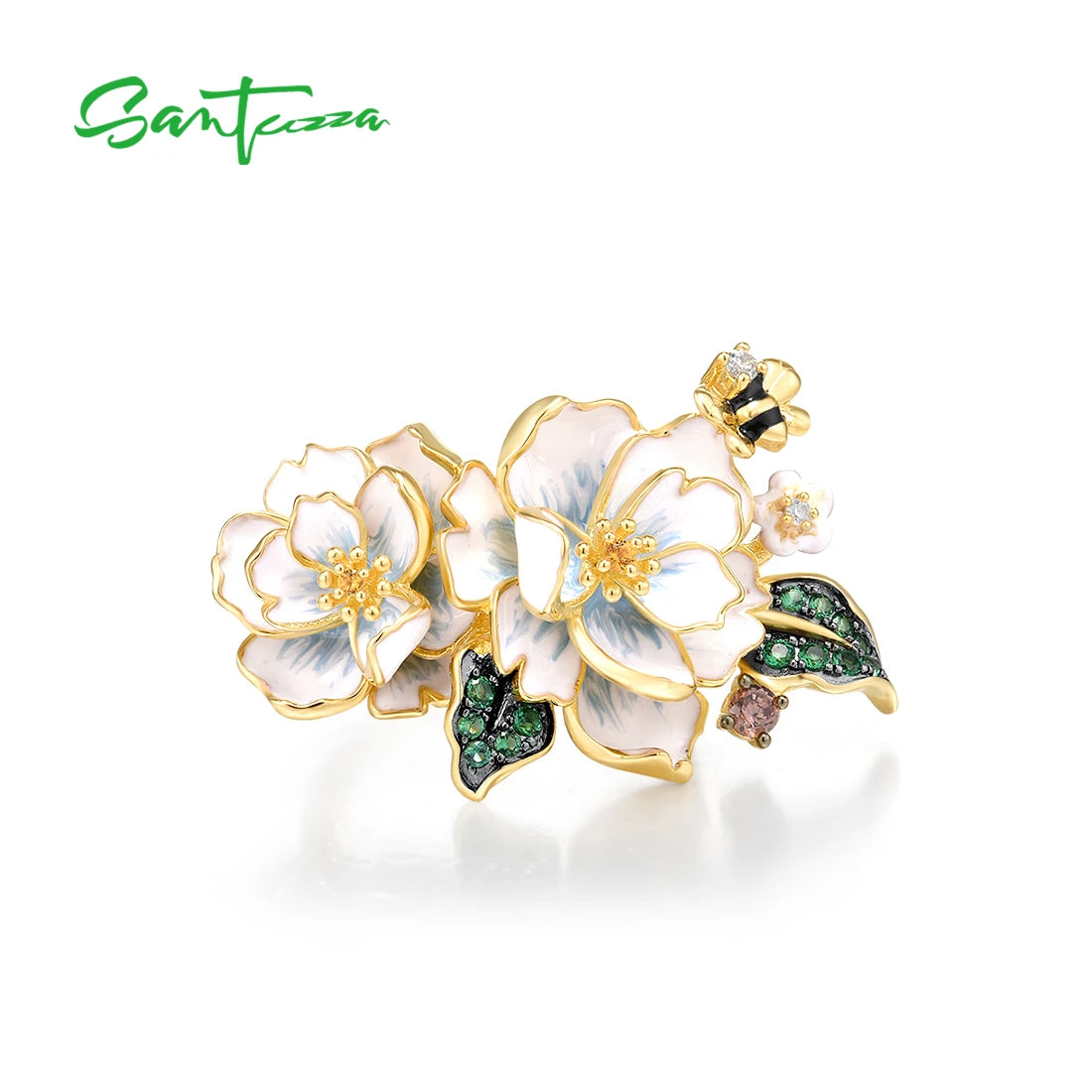 SANTUZZA Pure 925 Sterling Silver Rings For Women Green Spinel Yellow White CZ Handmade Enamel Flower Ring Delicate Fine Jewelry