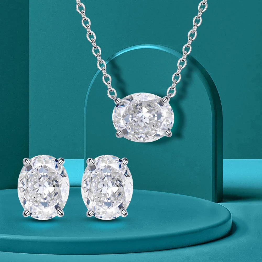 9cttw Oval Cut Moissanite Diamond Jewelry Set with GRA Egg Shape 925 Sterling Silver Pendant Necklace Stud Earring for Women