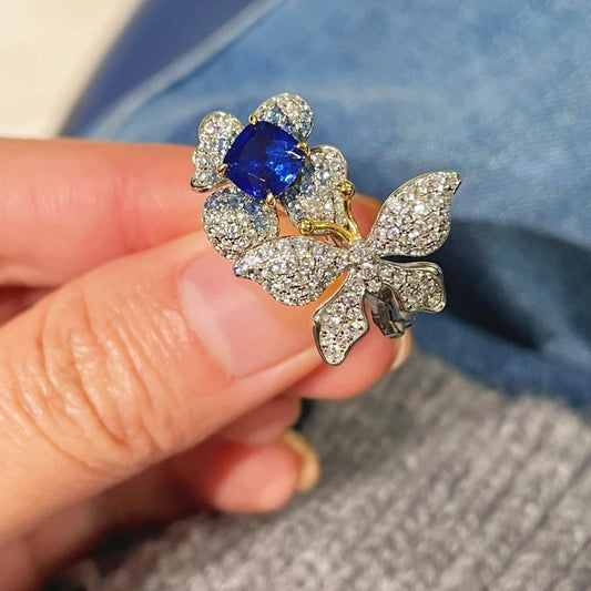 Wong Rain Luxury 925 Sterling Silver Sapphire High Carbon Diamond Gemstone Flower Ring for Women Fine Jewelry Anniversary Gifts
