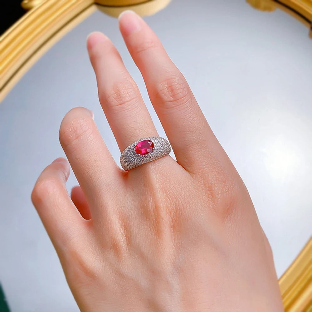 Wong Rain Vintage 100% 925 Sterling Silver Oval 5*7MM Ruby High Carbon Diamond Gemstone Jewelry Ring for Women Anniversary Gifts