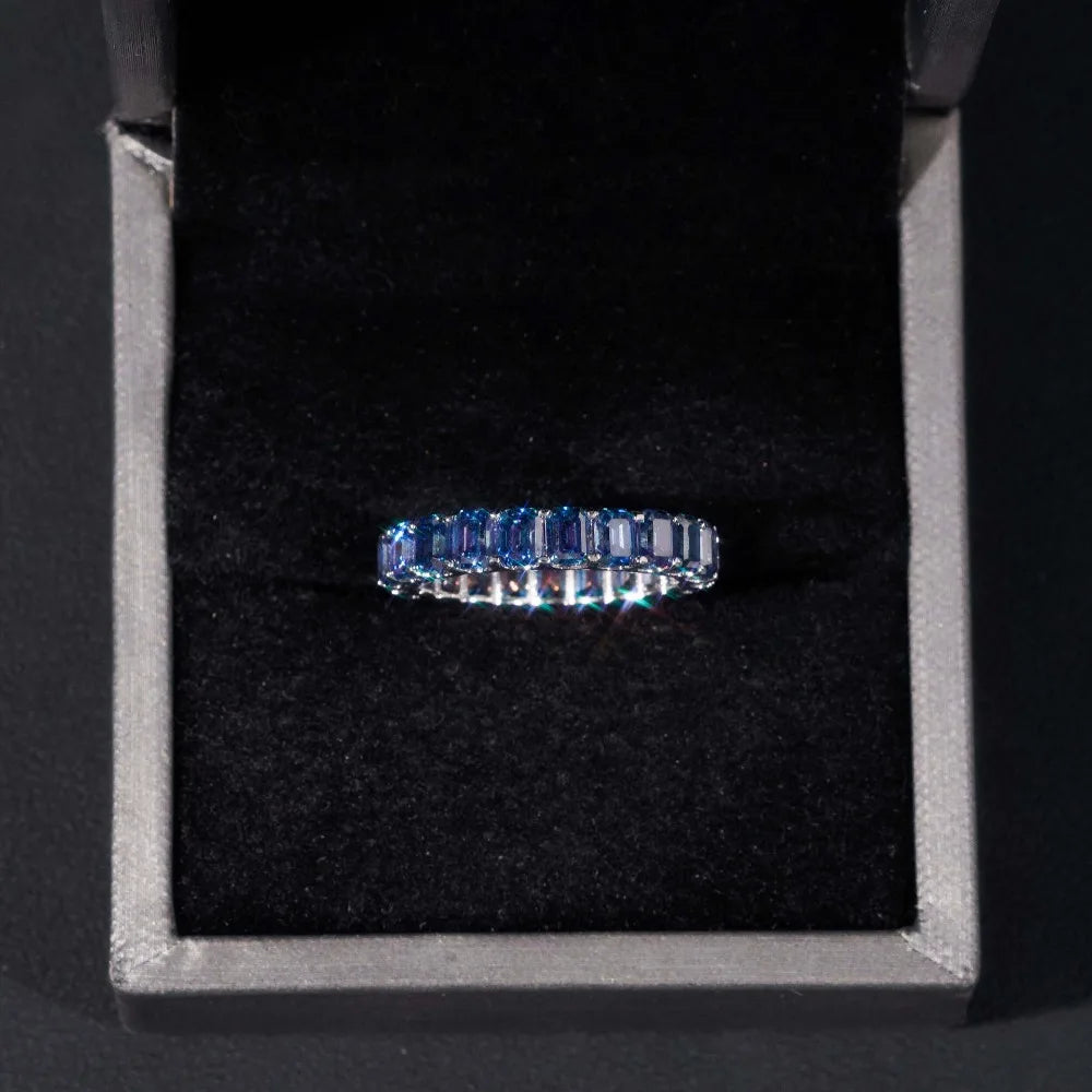 0.3ct Green Pink D Color Emerald Cut Moissanite Eternity Ring 925 Sterling Silver Plated Bling Diamond Wedding Band Pass Tester