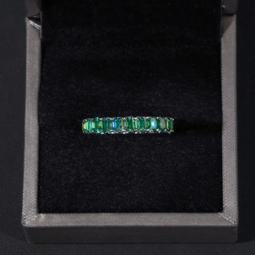 0.3ct Green Pink D Color Emerald Cut Moissanite Eternity Ring 925 Sterling Silver Plated Bling Diamond Wedding Band Pass Tester