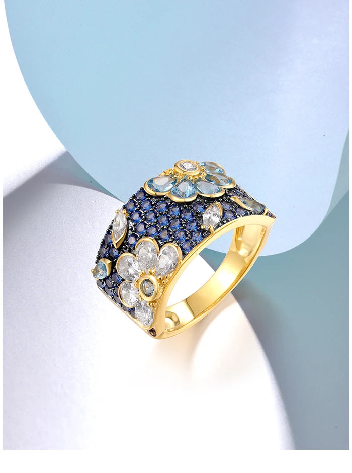 SANTUZZA Genuine 925 Sterling Silver Ring For Women Sparkling Black /Pink/Blue Spinel Colorful Flower Elegant Party Fine Jewelry