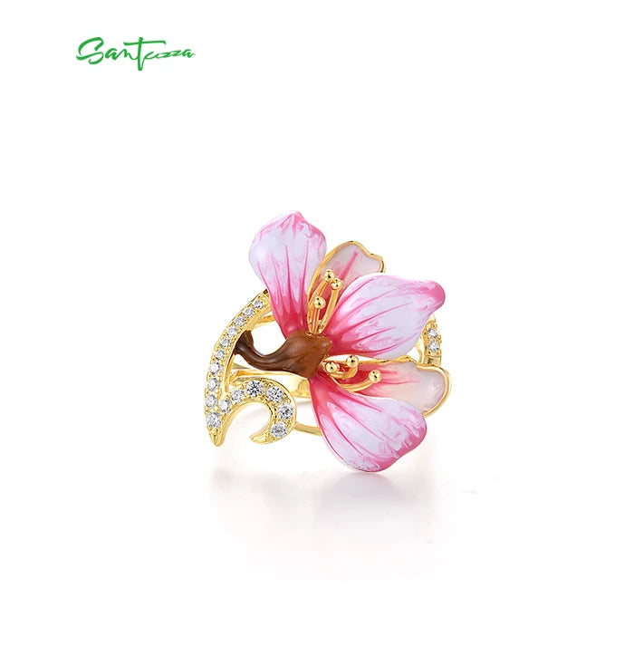 SANTUZZA Genuine 925 Sterling Silver Rings For Women White Cubic Zirconia Handmade Enamel Flower Ring Delicate Fine Jewelry