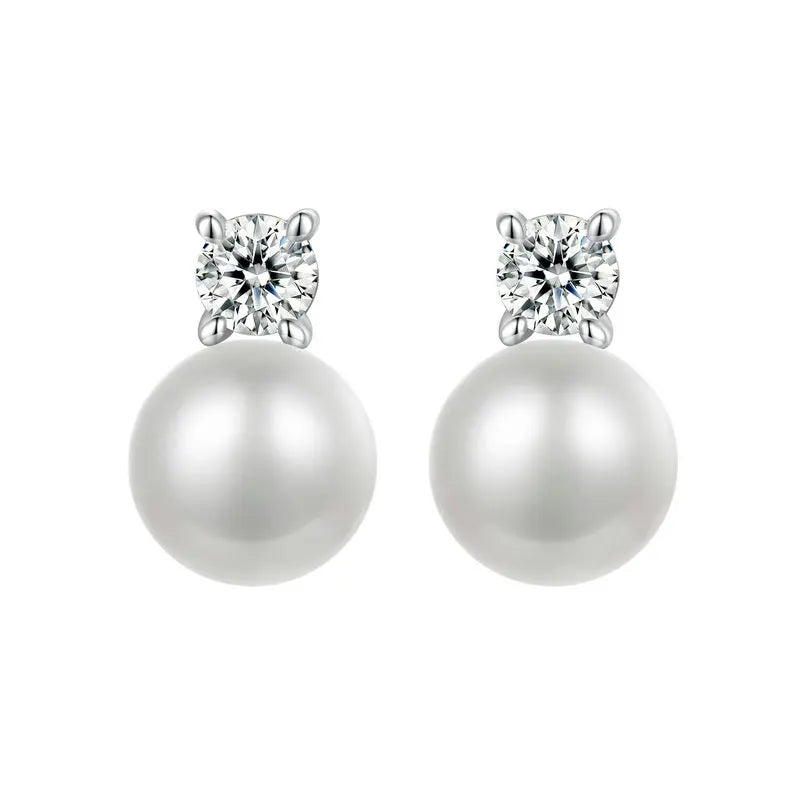 BAMOER Moissanite 925 Sterling Silver Freshwater Pearl Stud Earrings, Elegant VVS1 Clarity Lab Created Diamond Earrings MSE042