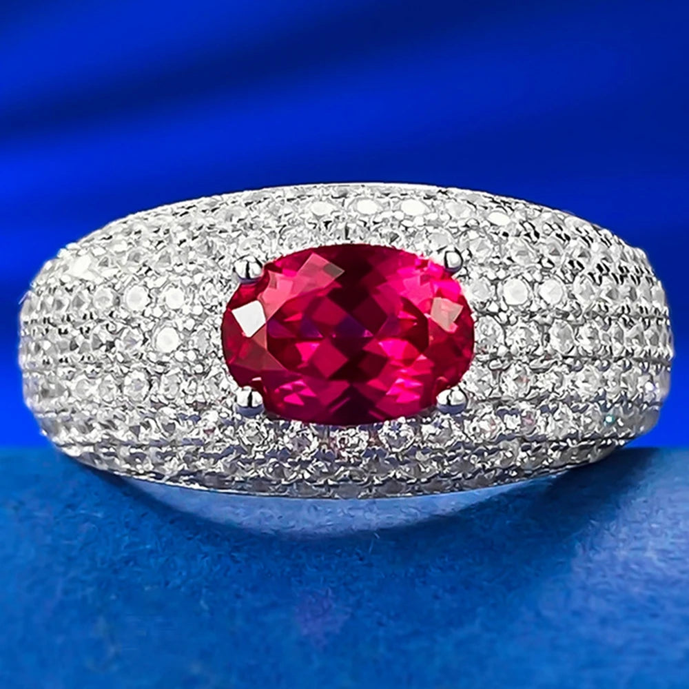 Wong Rain Vintage 100% 925 Sterling Silver Oval 5*7MM Ruby High Carbon Diamond Gemstone Jewelry Ring for Women Anniversary Gifts