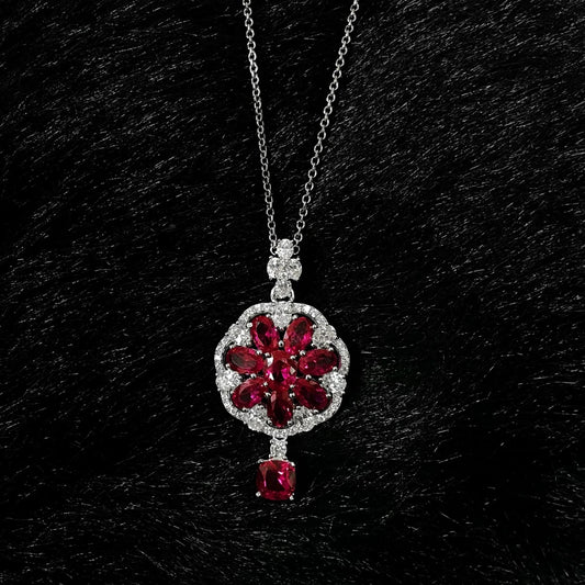 Wong Rain Solid 925 Sterling Silver 6*6MM Ruby White Sapphire Gemstone Flowers Pendant Necklace for Women Fine Jewelry Wholesale