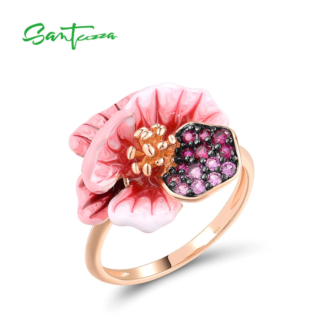 SANTUZZA Real 925 Sterling Silver Ring For Women Sparkling Created Red Sapphire Enamel Fancy Wedding Party Gifts Fine Jewelry