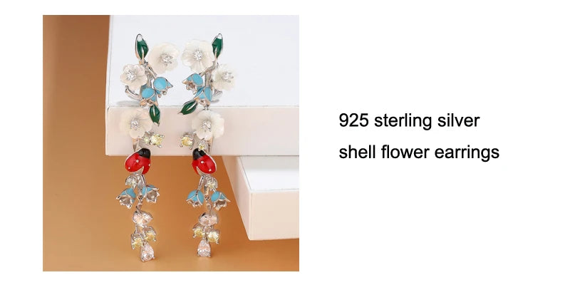 Laya 925 Sterling Silver Fashion Natural Shell Flower Green Leaf Enamel Animal High Quality Zircon Ring For Women Jewelry