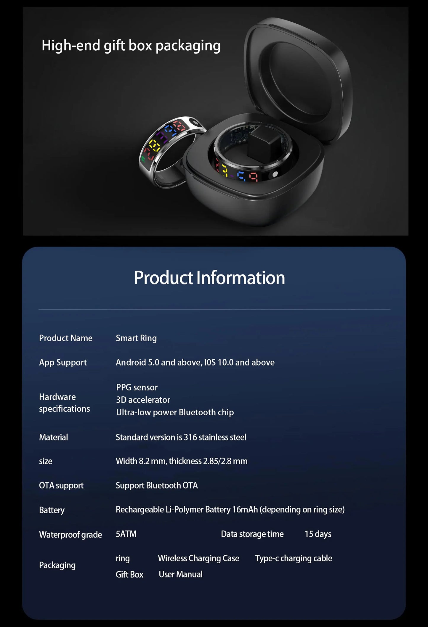 2025 Smart Ring For Men Women Heart Rate Blood Oxygen Health and Sleep Monitor Multi Sport 5ATM Waterproof Ring With LED Display