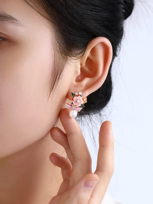 Laya 925 Sterling Silver High Quality Zircon Natural Pearl Shell Flower Leaf Enamel Drop Earrings For Women Trendy Jewelry