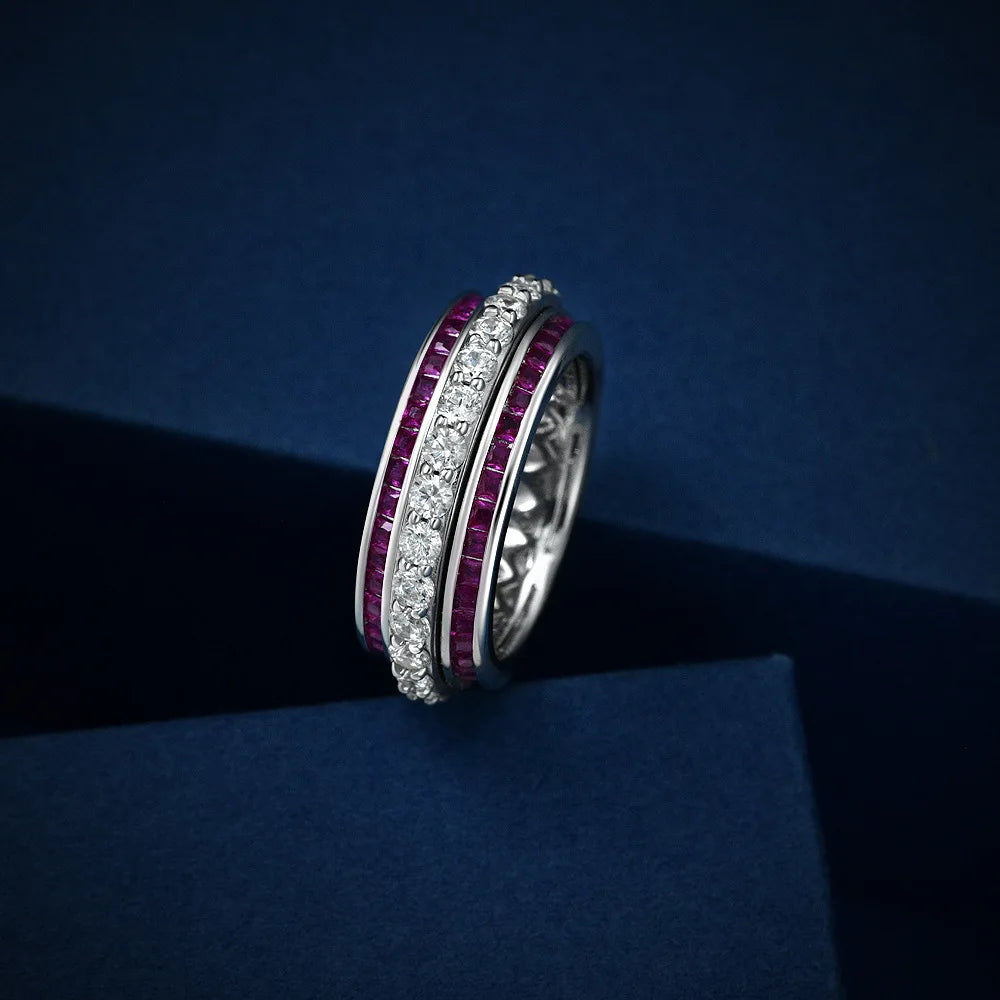 WUIHA Real 925 Sterling Silver Fancy Vivid Emerald Ruby Row Created Moissanite Rotating Ring for Women Luxury Gift Drop Shipping