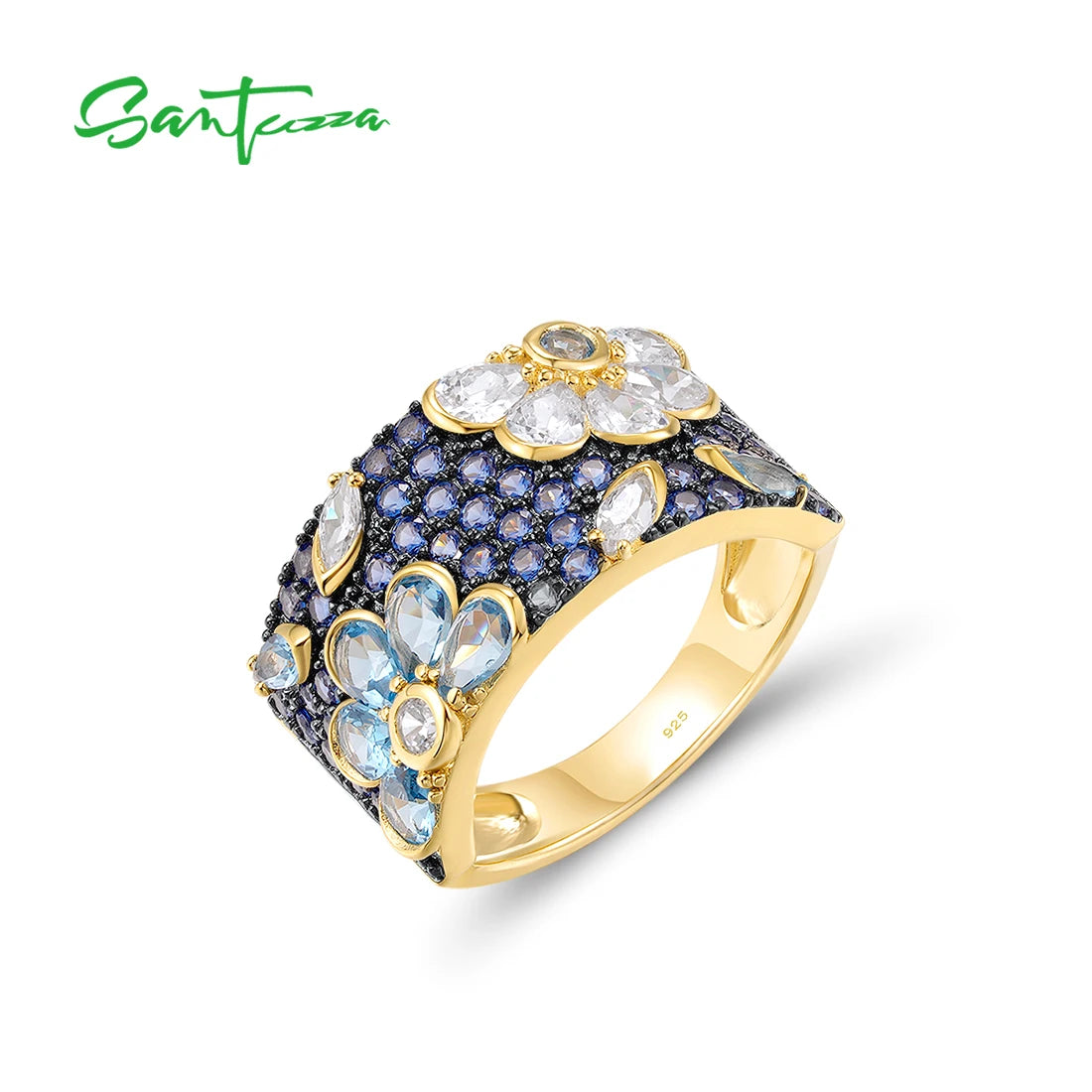 SANTUZZA Genuine 925 Sterling Silver Ring For Women Sparkling Black /Pink/Blue Spinel Colorful Flower Elegant Party Fine Jewelry