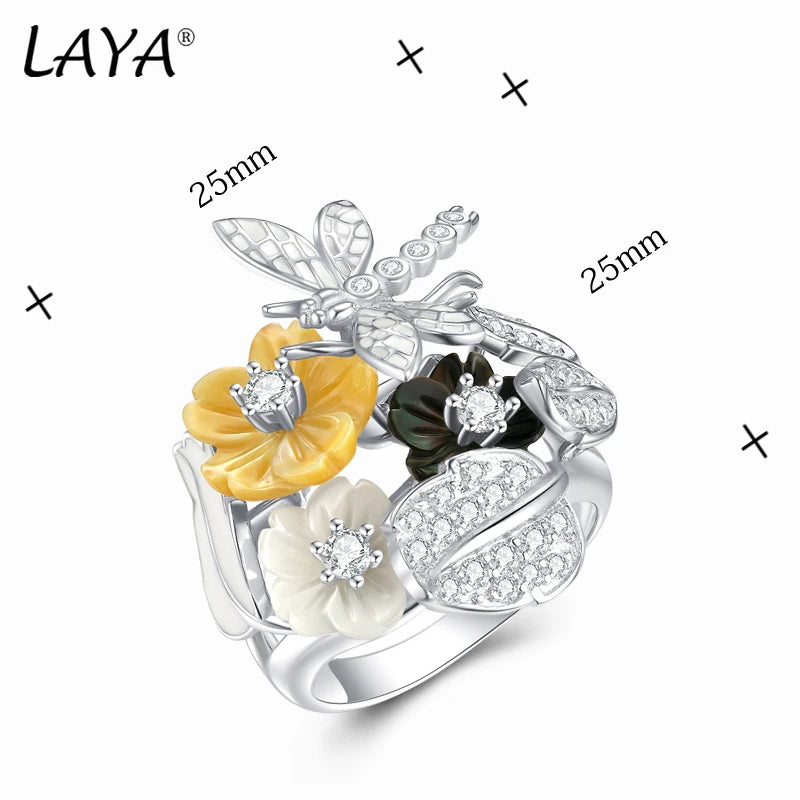 LAYA Ring For Women Black Yellow Shell Flower Shining White Zircon 100% 925 Sterling Silver Finger Fashion Party Fine Jewelry