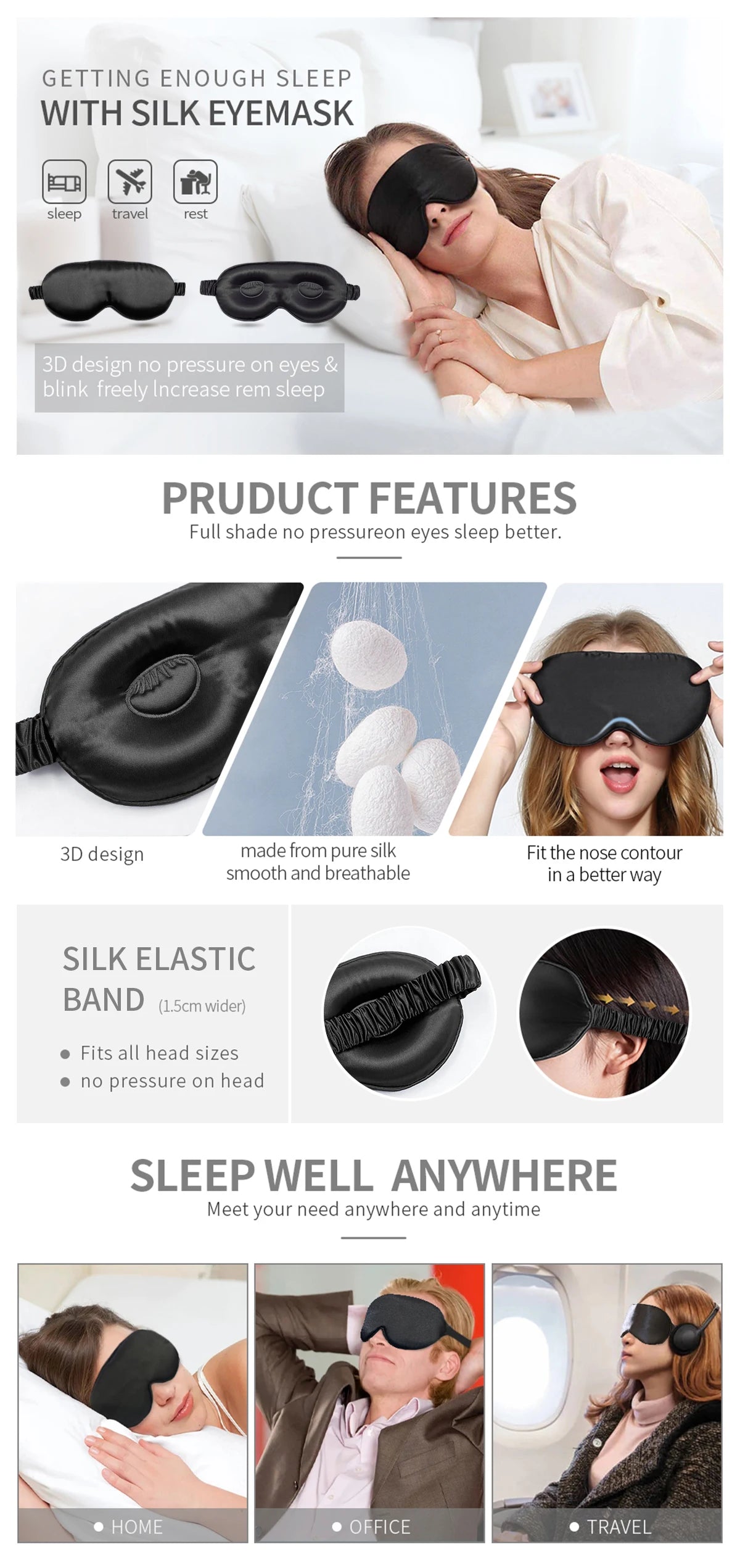 100% Pure Mulberrry Silk Sleep Mask,3D Contoured No Pressure Eye Covers,Soft Blindfold For Sleeping,Luxury Silk Sleep Eyemask