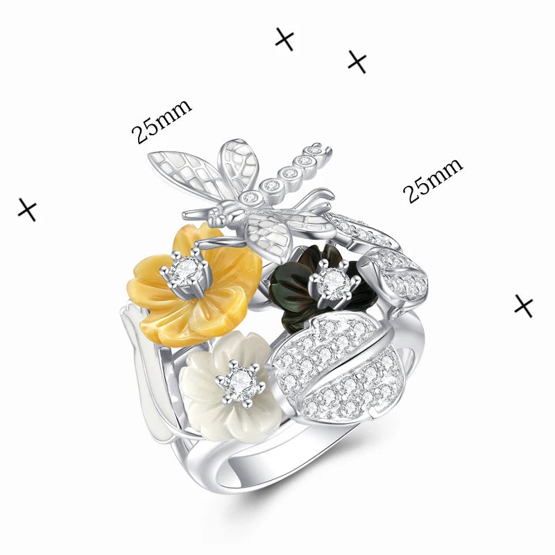 LAYA Ring For Women Black Yellow Shell Flower Shining White Zircon 100% 925 Sterling Silver Finger Fashion Party Fine Jewelry