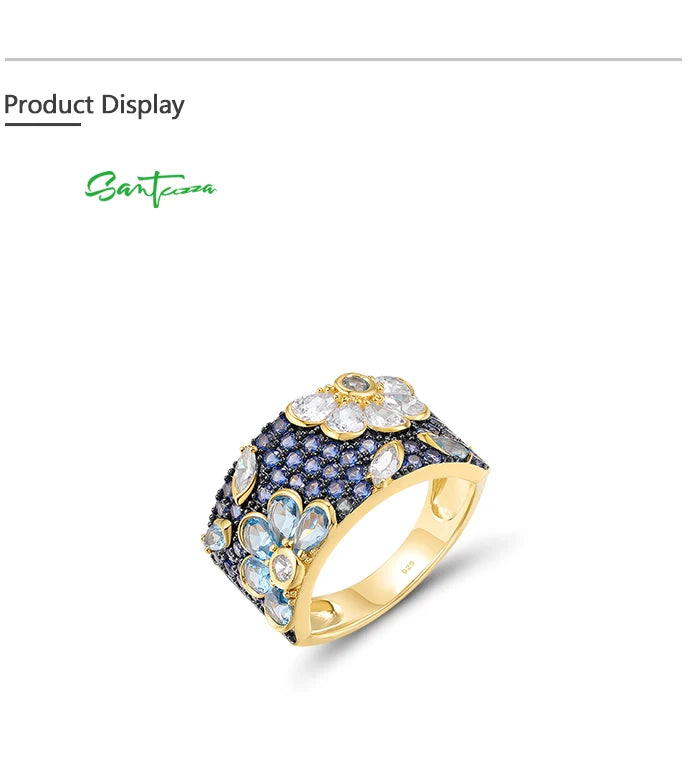 SANTUZZA Genuine 925 Sterling Silver Ring For Women Sparkling Black /Pink/Blue Spinel Colorful Flower Elegant Party Fine Jewelry