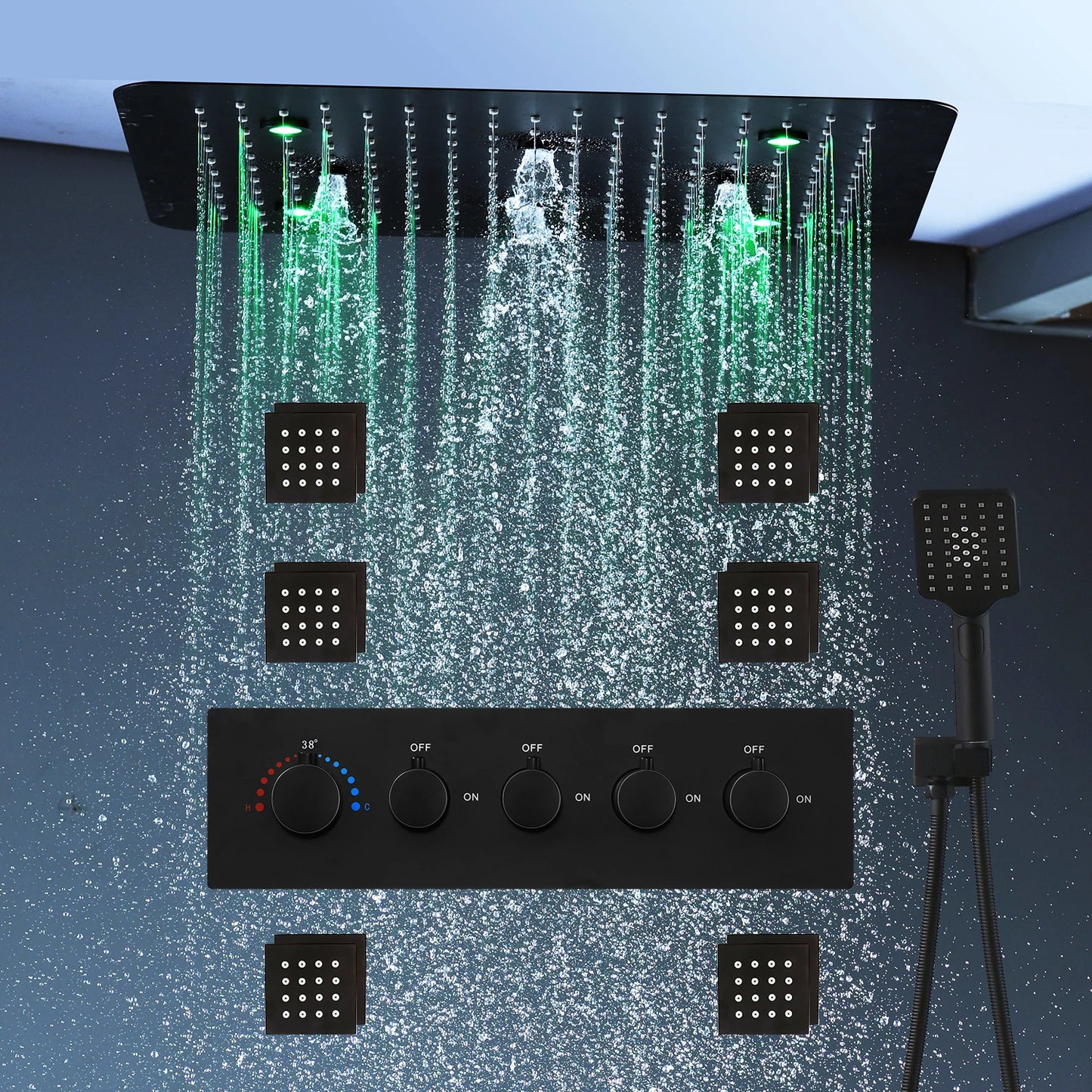 Bathroom 20inch 50x50cm Shower Head Panel Faucet Rain Mist Laterfal Jets Thermostatic Valve Mixer System SPA Massage Set