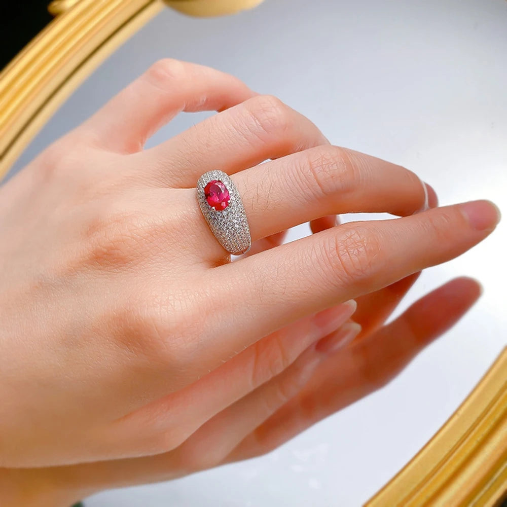 Wong Rain Vintage 100% 925 Sterling Silver Oval 5*7MM Ruby High Carbon Diamond Gemstone Jewelry Ring for Women Anniversary Gifts