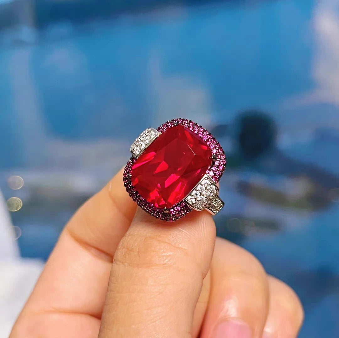 Silver Color Ruby Emerald Rings for Women Lab Diamond Wedding Bands Gemstone Cocktail Party Fine Jewelry Female Anniversary Gift