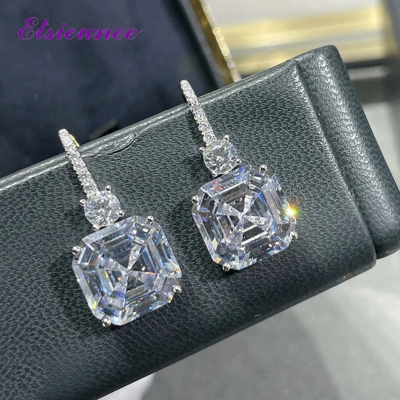 ELSIEUNEE 100% 925 Strerling Silver 12*12MM Asscher Cut Sparkling Citrine High Carbon Diamond Drop Earrings for Women Party Gift