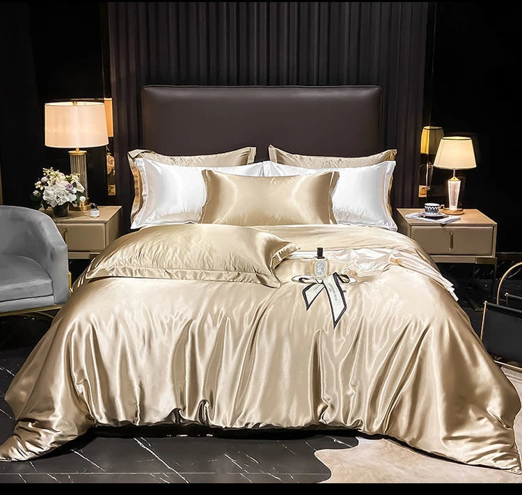 Real 100% Mulberry Silk Bedding Set with Duvet Cover Fitted/Flat Bed Sheet Pillowcase Solid Color 4pcs King Queen Twin Bed Sets