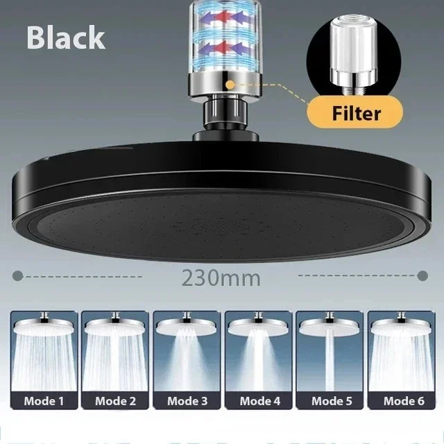 New 6 Modes Big Panel Large Flow Supercharge Rainfall Shower Head High Pressure Top Rain Shower Faucet Bathroom Accessories