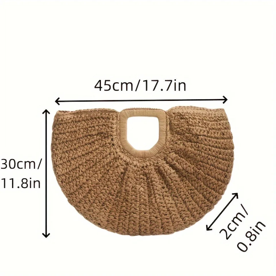 Summer Straw Women Half-moon Beach Handbag Rattan Handmade Handle Fashion Kintted Tote Bag