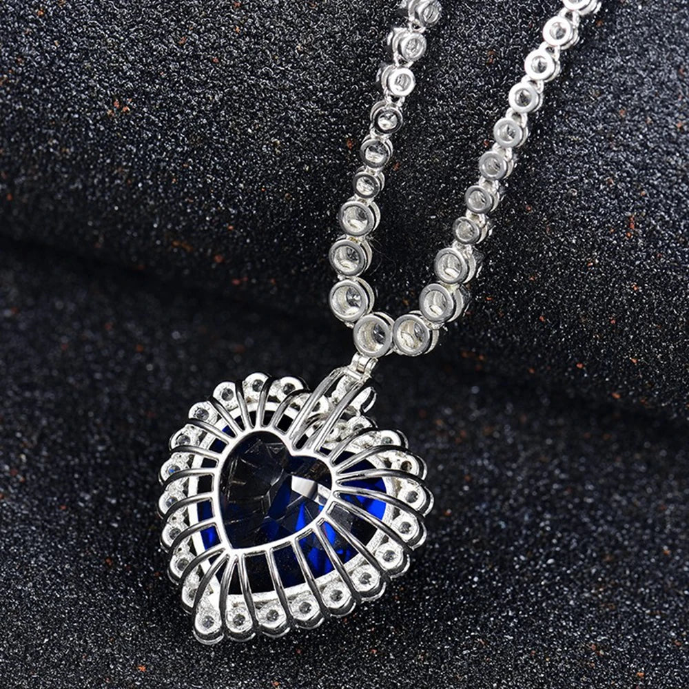 Wong Rain 925 Sterling Silver Heart Cut 20MM Sapphire High Carbon Diamonds Gems Pendant Necklaces Fine Jewelry Anniversary Gifts