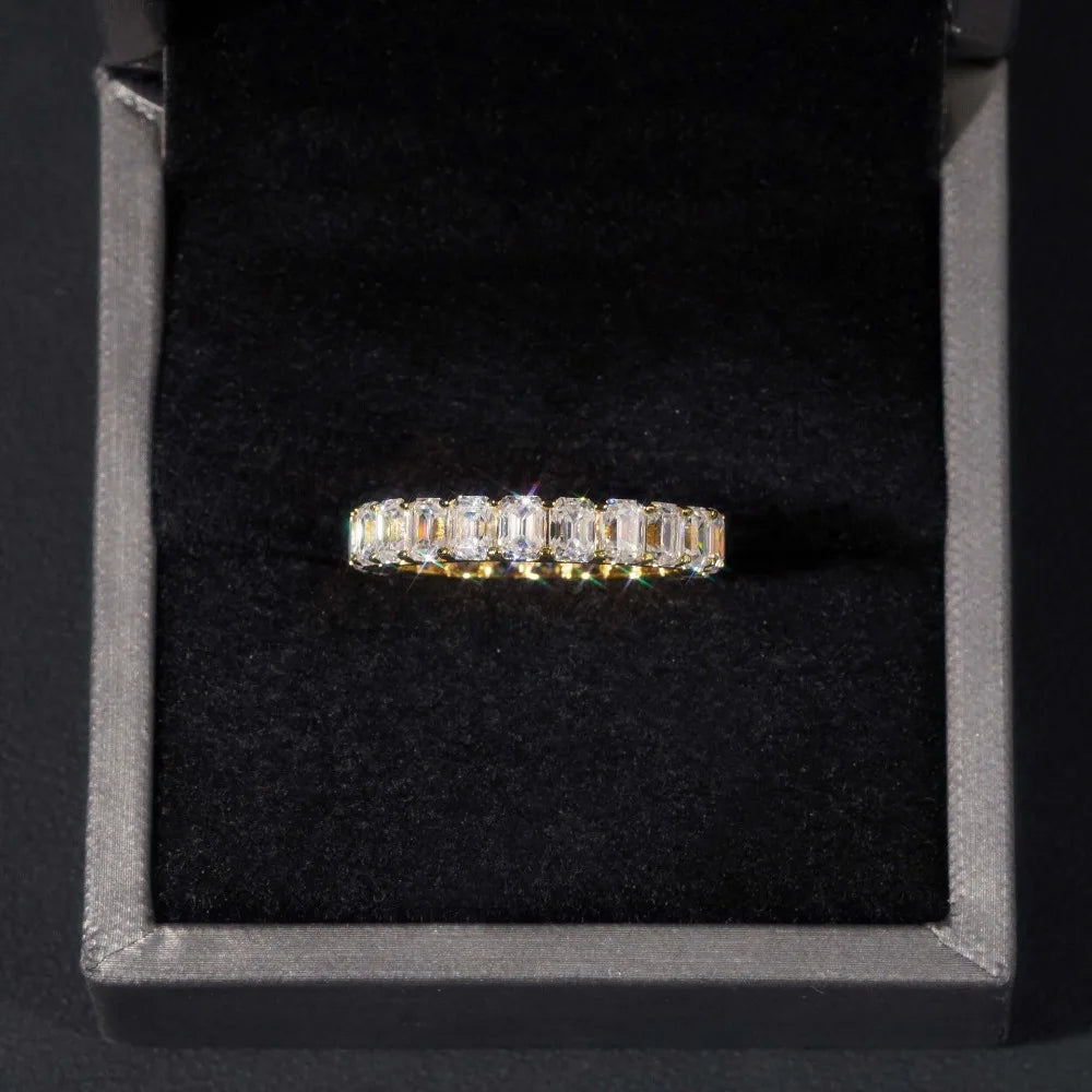 0.3ct Green Pink D Color Emerald Cut Moissanite Eternity Ring 925 Sterling Silver Plated Bling Diamond Wedding Band Pass Tester