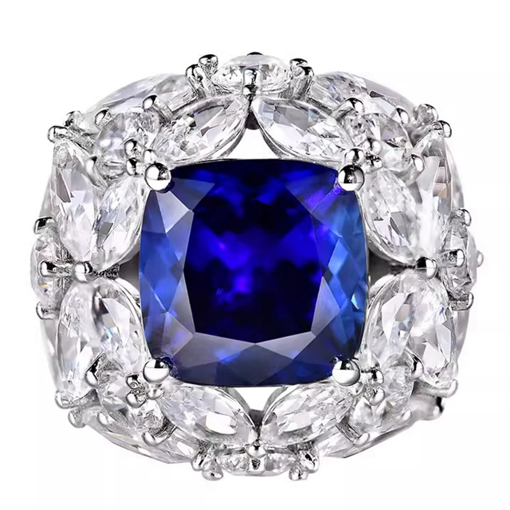 Wong Rain 925 Sterling Silver Cushion Cut 11 MM Sapphire High Carbon Diamond Gemstone Cocktail Party Ring for Women Fine Jewelry