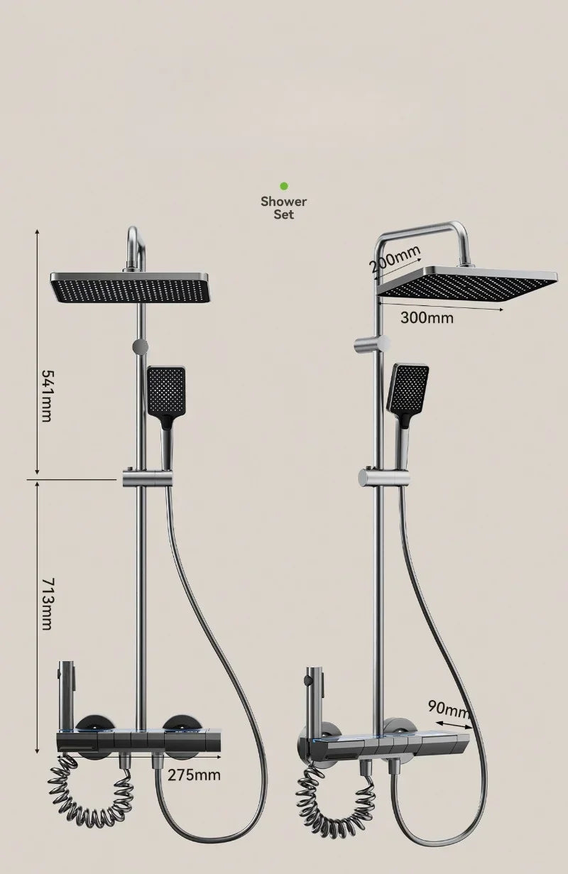 Bathroom Piano Key 4 Ways Water Outlet Luxury Shower Set LED Light Smart Temperature Display Rainlfall Shower Faucet System