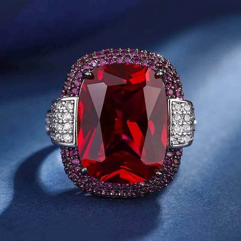 Silver Color Ruby Emerald Rings for Women Lab Diamond Wedding Bands Gemstone Cocktail Party Fine Jewelry Female Anniversary Gift
