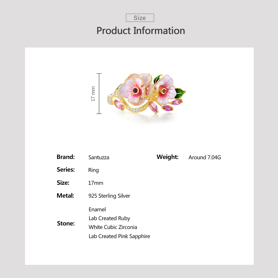 SANTUZZA Genuine 925 Sterling Silver Rings For Women Red Pink Stones White CZ Handmade Enamel Flower Ring Delicate Fine Jewelry