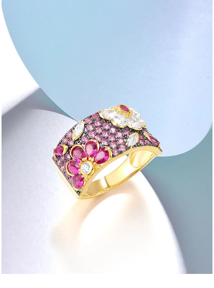 SANTUZZA Genuine 925 Sterling Silver Ring For Women Sparkling Black /Pink/Blue Spinel Colorful Flower Elegant Party Fine Jewelry