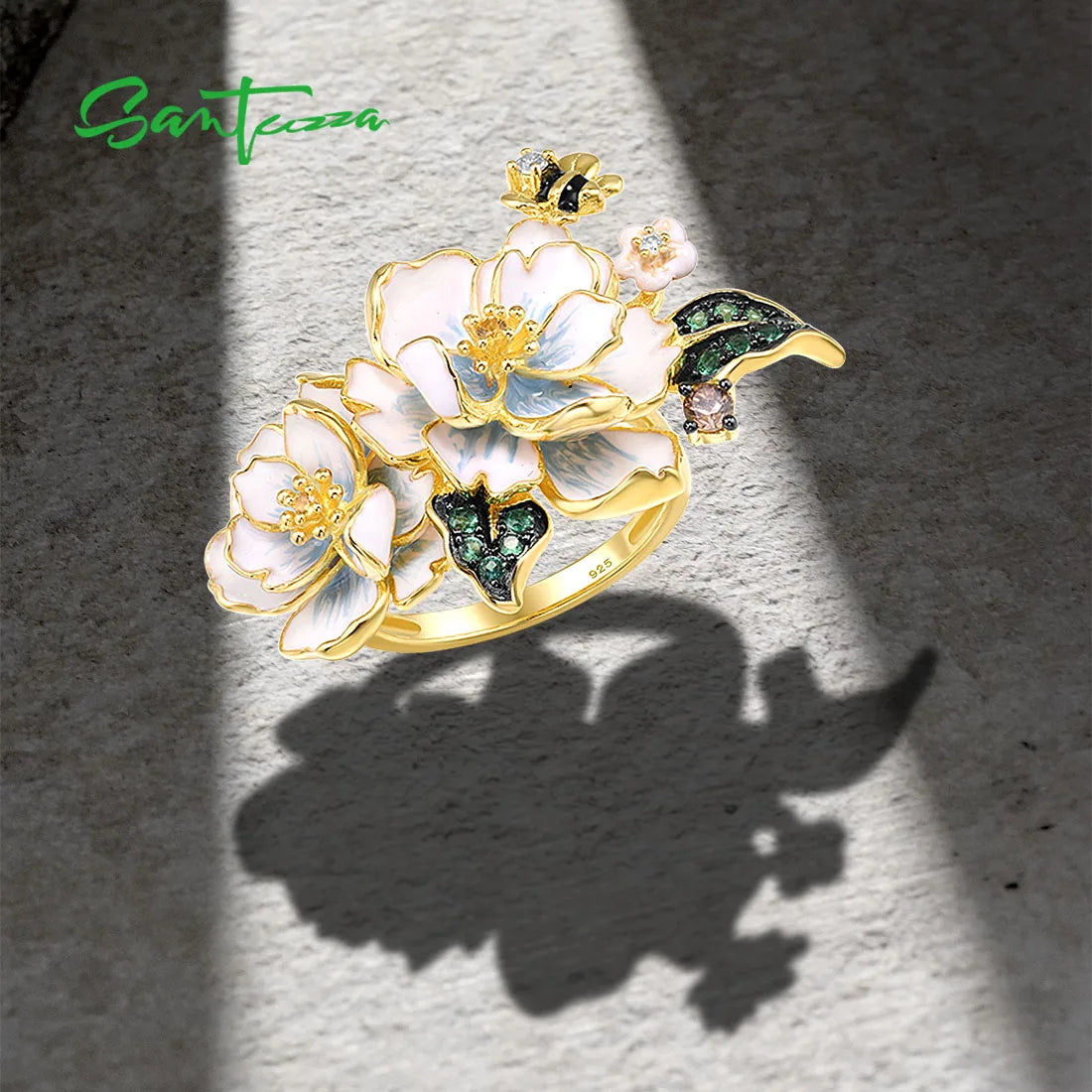 SANTUZZA Pure 925 Sterling Silver Rings For Women Green Spinel Yellow White CZ Handmade Enamel Flower Ring Delicate Fine Jewelry