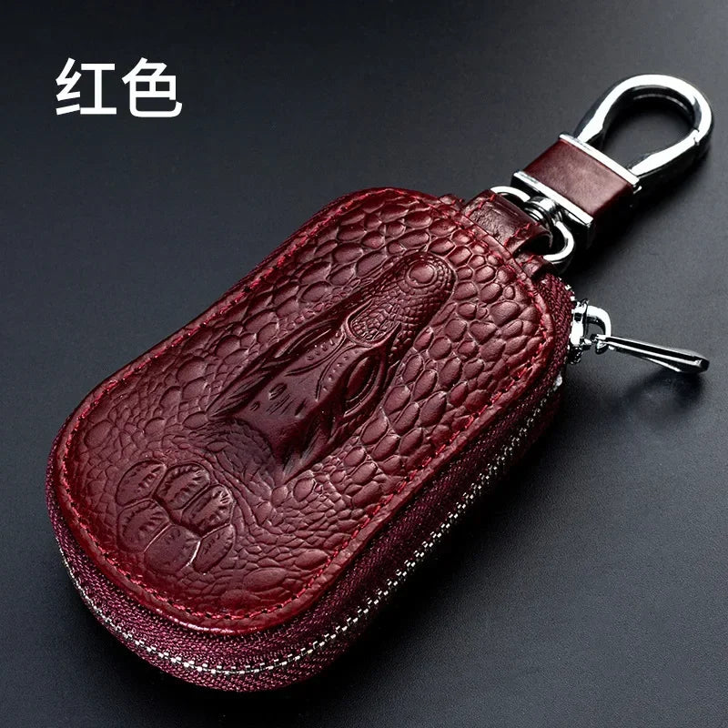 Cowhide Car Key Wallet Case Genuine Leather Crocodile Pattern Zipper Cover Mini Waist Trailer Key Bag Unisex with Metal Buckle