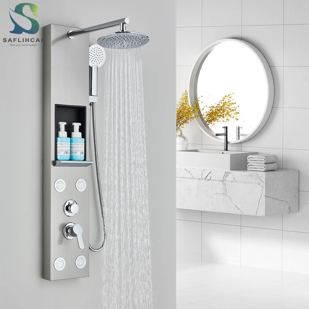 Brushed Nickel Shower Panel Column Rain&Waterfall Shower Head Massage Jets Hot and Cold Mixer Tap Bathroom Shower Faucet