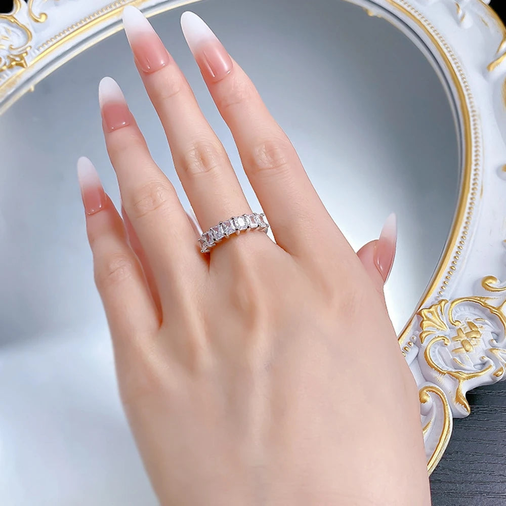 Wong Rain Simple 100% 925 Sterling Silver Lab Sapphire Gemstone Row Ring for Women Fine Jewelry Wedding Band Gifts Wholesale