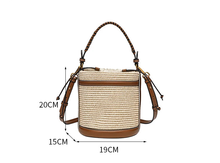 Fashion Straw Bucket Bag Weave Women Handbags Designer Panelled Shoulder Crossbody Bags Casual Summer Beach Small Tote Purses