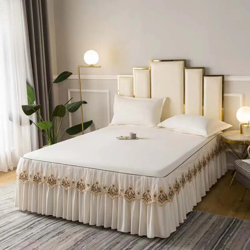 3pcs Set Raw Cotton Soft Bedspread Bed Romance Dust Protector Cover Embroidery Lace Edge Bed Skirt with 2pcs Pillowcase