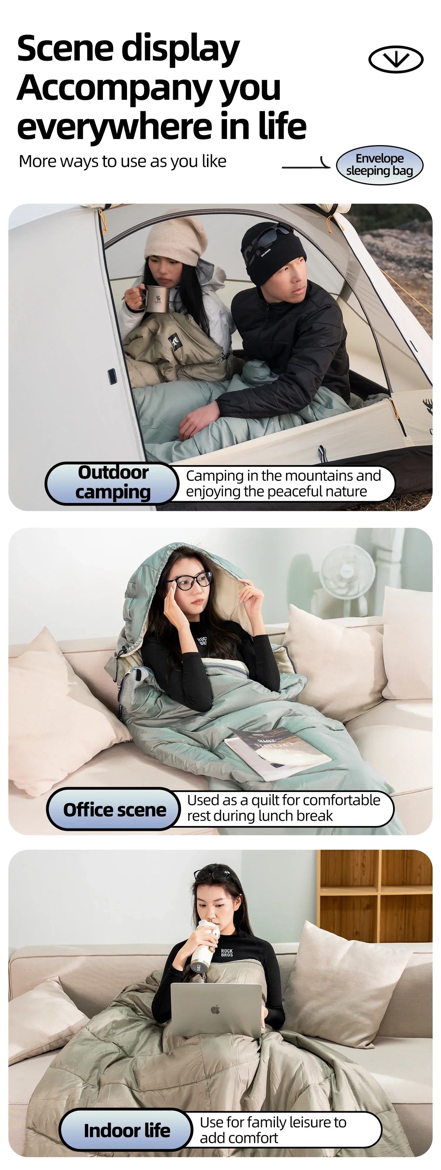 Qunature Sleeping Bag Outdoor Camping Warm Portable Household Cold-Resistant Single Person Splicing Quilt Camping Equipment