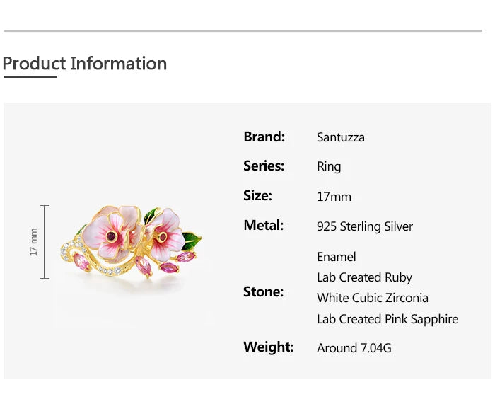 SANTUZZA Genuine 925 Sterling Silver Rings For Women Red Pink Stones White CZ Handmade Enamel Flower Ring Delicate Fine Jewelry