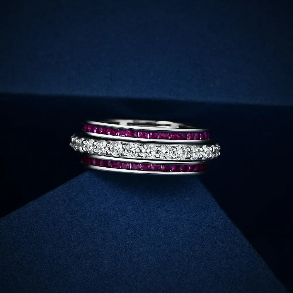 WUIHA Real 925 Sterling Silver Fancy Vivid Emerald Ruby Row Created Moissanite Rotating Ring for Women Luxury Gift Drop Shipping