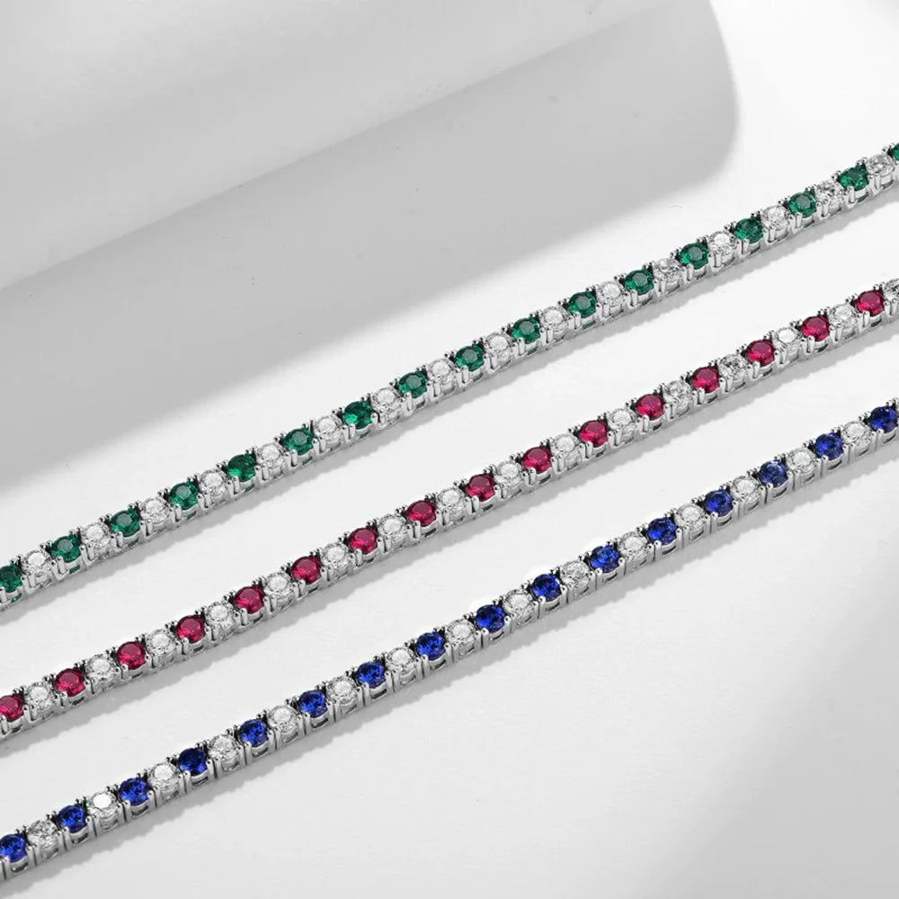 Wong Rain 925 Sterling Silver Round Cut 3 MM Sapphire Emerald Ruby High Carbon Diamond Gems Tennis Chain Necklace Fine Jewelry