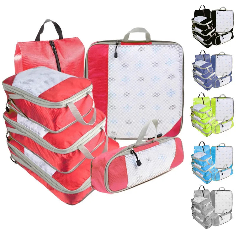 6PCS Travel Compressed Packing Cubes Storage Organizer Set With Shoe Bag Mesh Visual Luggage Portable Lightweight Suitcase Bag