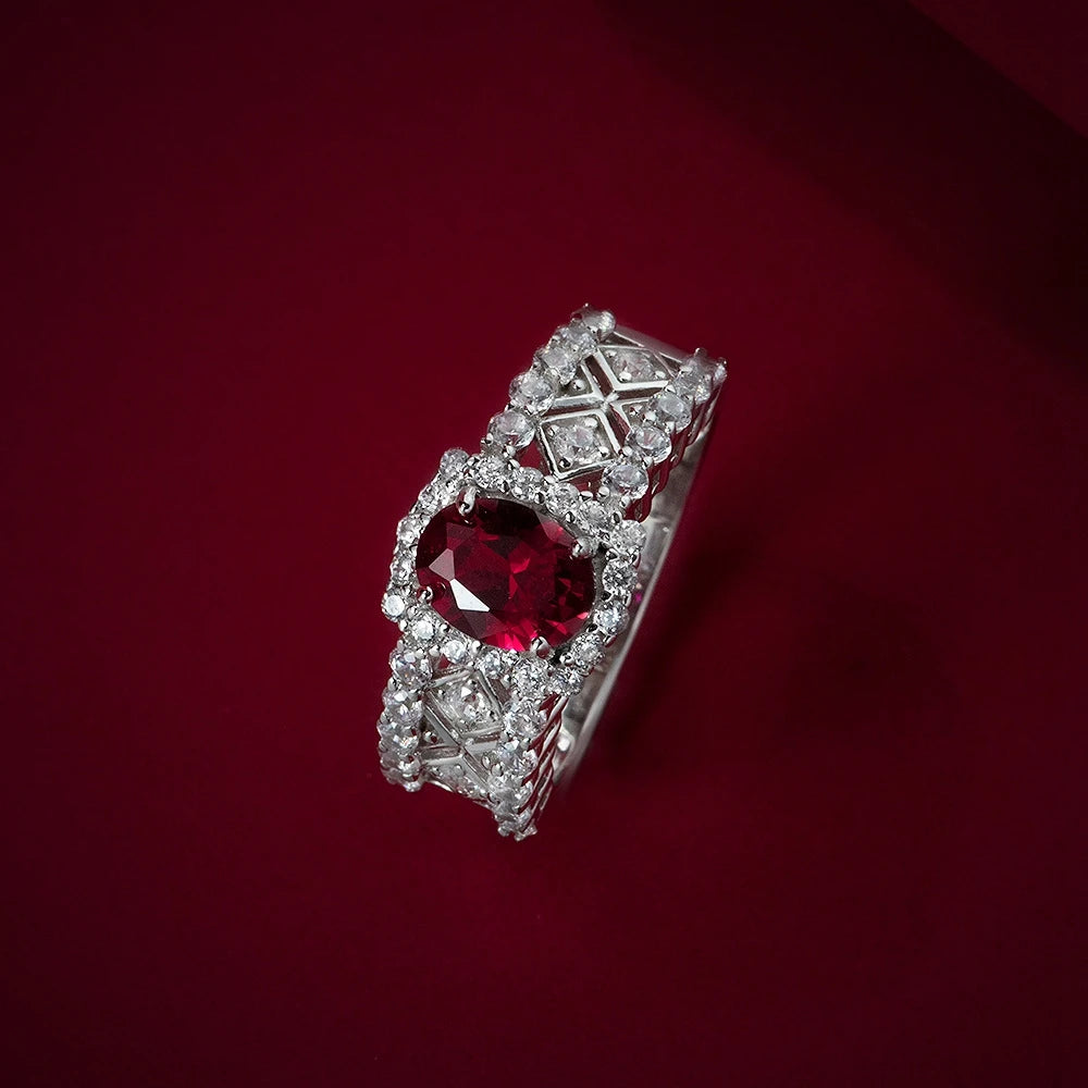 Wong Rain Luxury 925 Sterling Silver 1.5CT Oval Cut Ruby High Carbon Diamond Gemstone Wedding Party Fine Jewelry Ring For Women