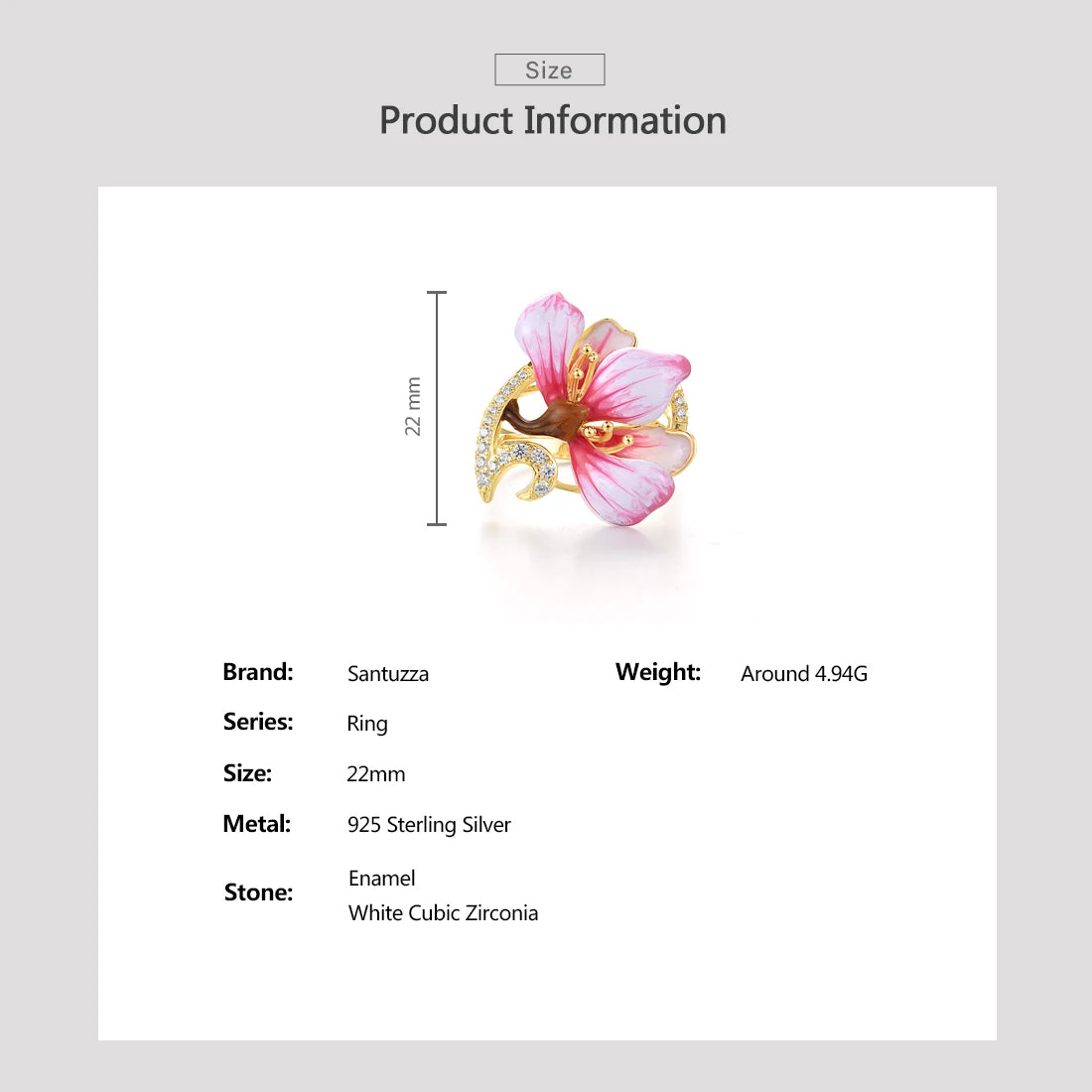 SANTUZZA Genuine 925 Sterling Silver Rings For Women White Cubic Zirconia Handmade Enamel Flower Ring Delicate Fine Jewelry