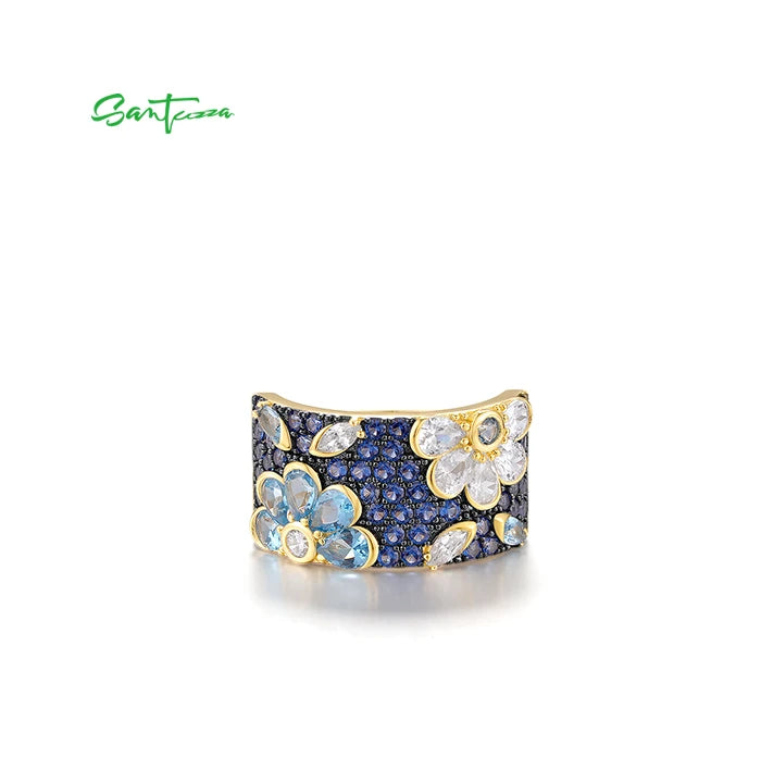 SANTUZZA Genuine 925 Sterling Silver Ring For Women Sparkling Black /Pink/Blue Spinel Colorful Flower Elegant Party Fine Jewelry